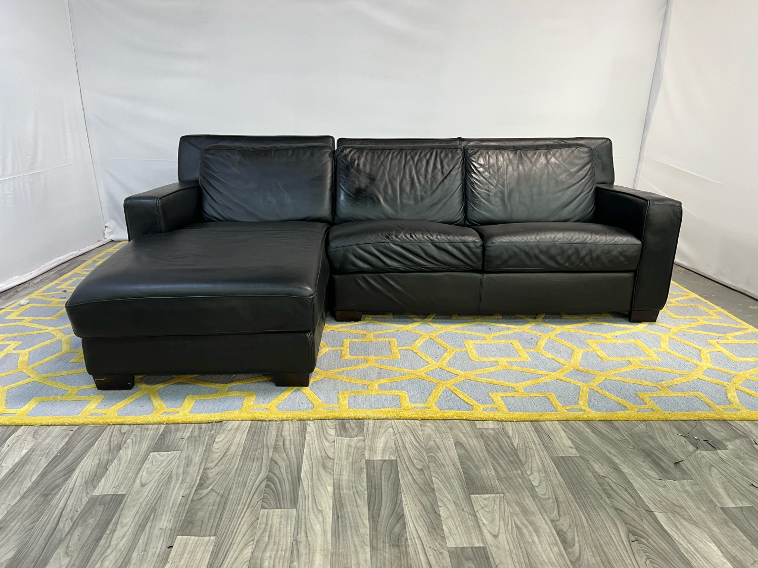 ( Delivery Available ) Chateau d'Ax Black Leather Sectional Couch