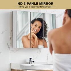 3-Door 36 in. W x 25.5 in. H Rectangular White wood Surface Mount Medicine Cabinet with Mirror 