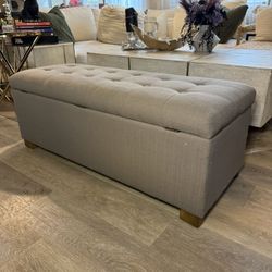 Large Tufted Storage Bench In Taupe With Padded Seating