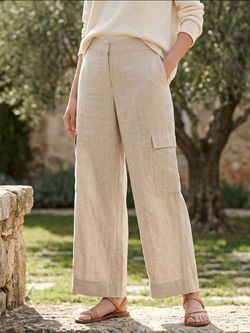 Eileen Fisher 100% Linen Medium Wide Leg Cargo Pants Flat Front Wide Leg