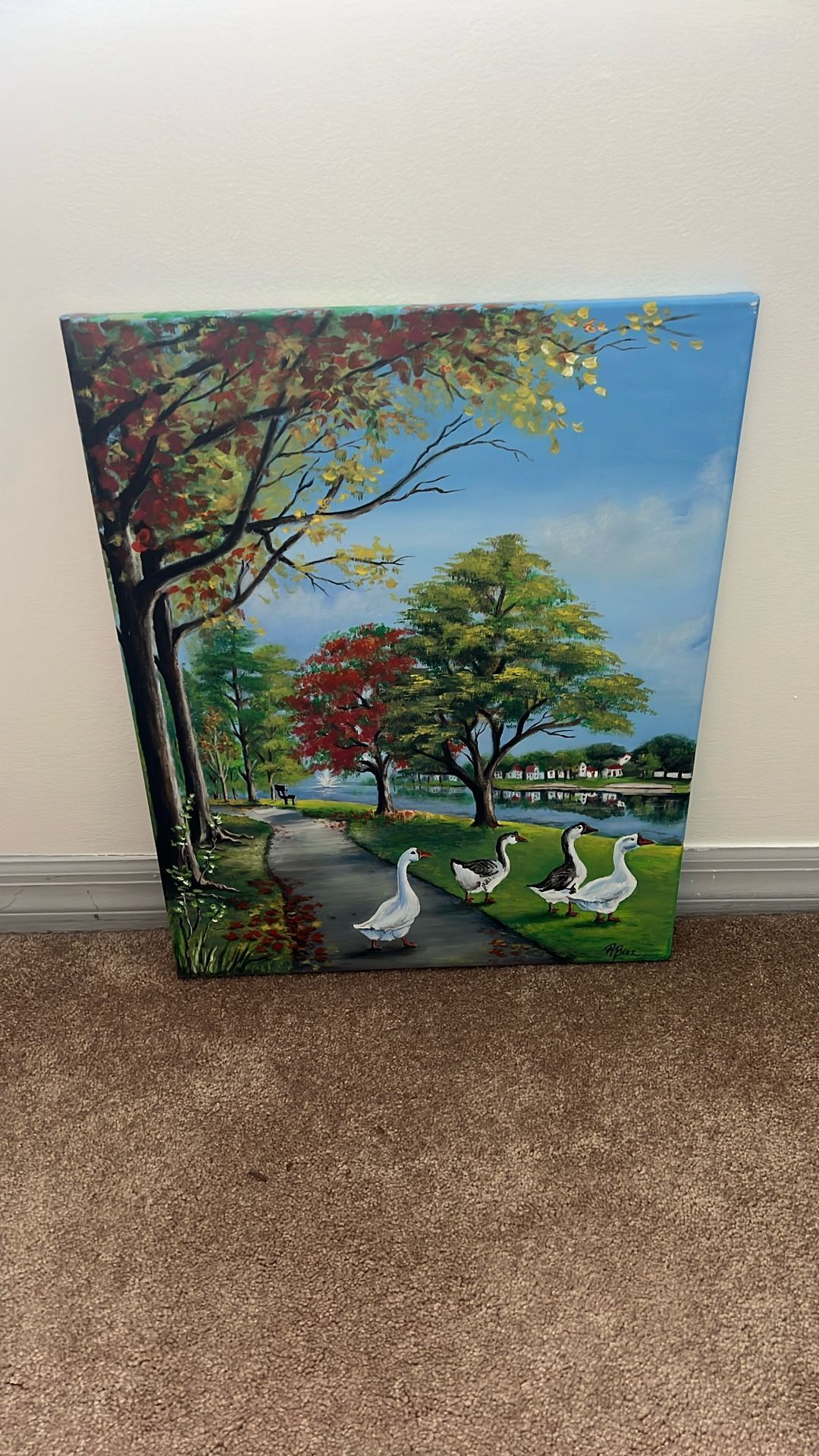 Geese By The Lake- 20x16in Framed Original Canvas
