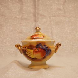 Vintage Enesco Sugar Condiment Bowl with Lid and Handpainted Fruit Design, Japan