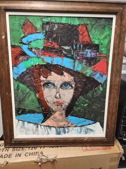 Vintage Abstract Portrait Painting w/ Wooden Frame
