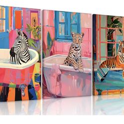 Set of 3 Wild Animals in Bathtubs Canvas Prints
