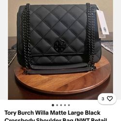 Tory Burch Willa Matte Large Black Crossbody Shoulder Bag (NWT Retail $628)