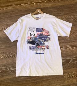 Gildan Vintage Route 66 Car Graphic T-Shirt White Mens Size Large