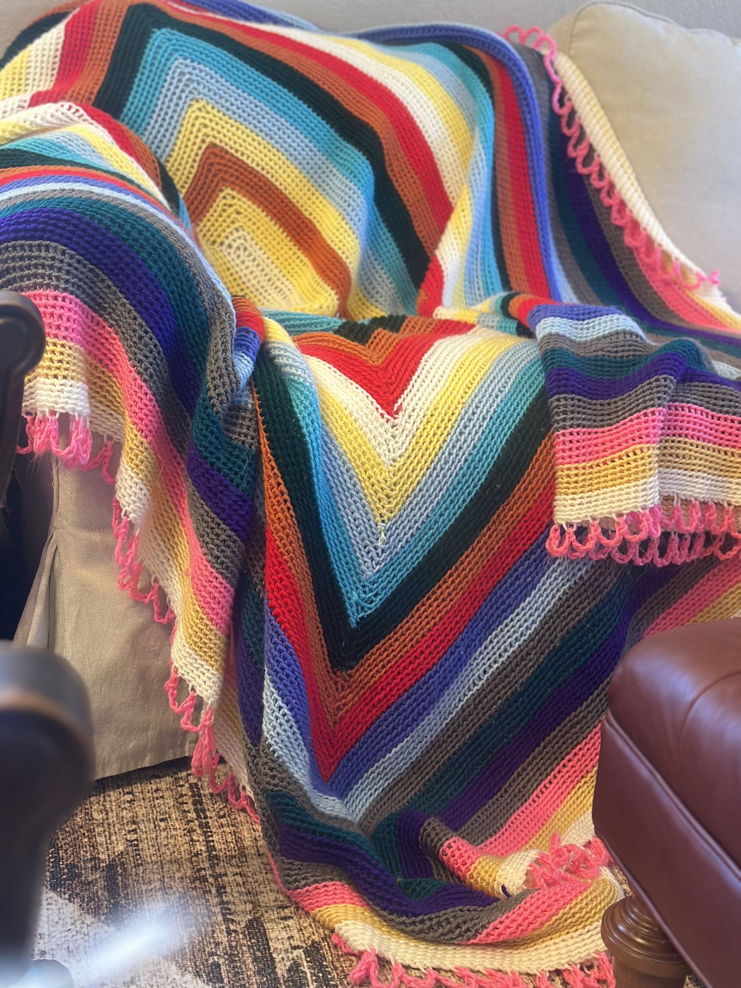📝 Vintage (I Think?) Handmade Crochet Afghan – 72” x 72” – Rainbow Square Throw – Retro Multicolor Blanket