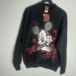 Vintage Disney Mickey Mouse Roses Crewneck Pullover Sweater Mens Large Black NWT