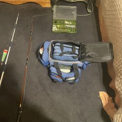 Fishing Poles, Taco Box With Lures And A Full Set Up Bag Of Fishing