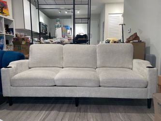 Must go White Beige 3 Seater Cozy Chenille Like Couch Sofa with Cup Holders and Side Pouch