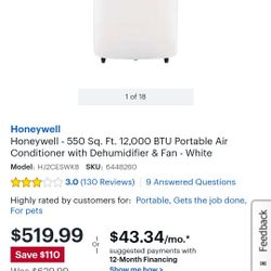 Honeywell - 550 Sq. Ft. 12,000 BTU Portable Air Conditioner with Dehumidifier & Fan $380