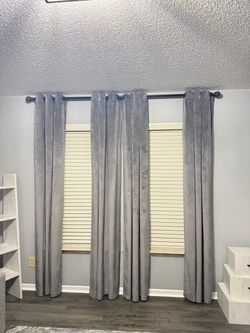 14 Gray Velvet Grommet Top Curtains with 4 Rods Set