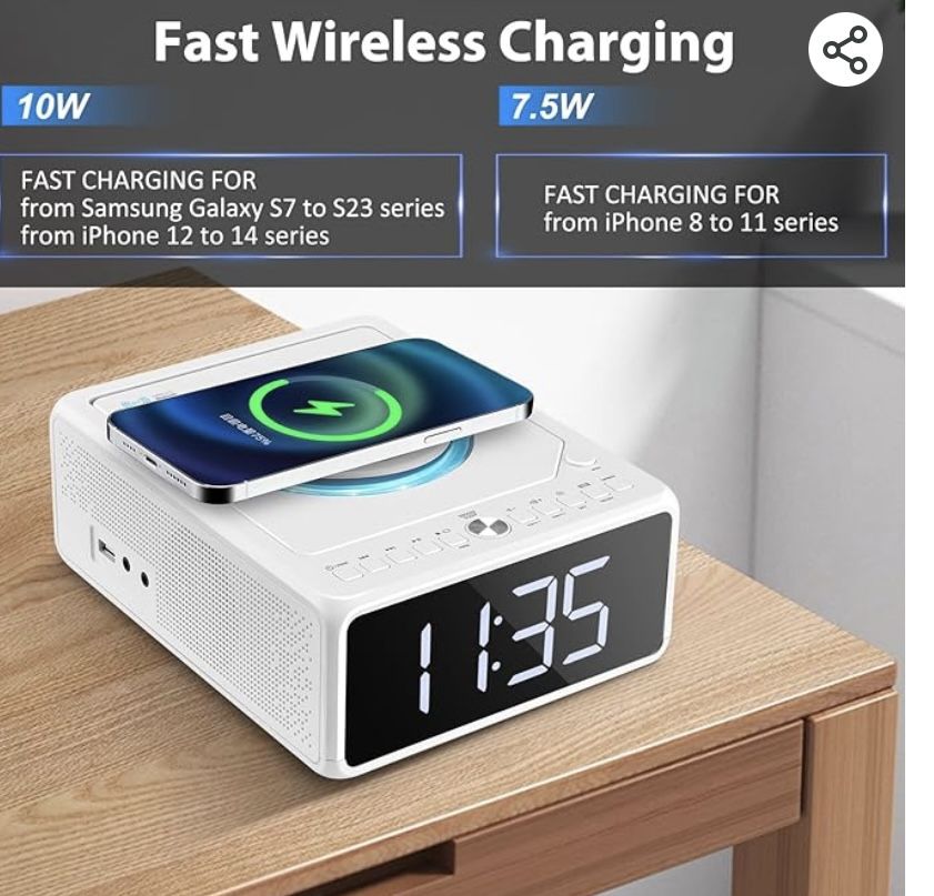 G Keni CD Player Dual Alarm Clock Radio, Bluetooth Boombox with Remote, 10W Fast Wireless Charging, Digital FM Radio, MP3/USB Music Player,