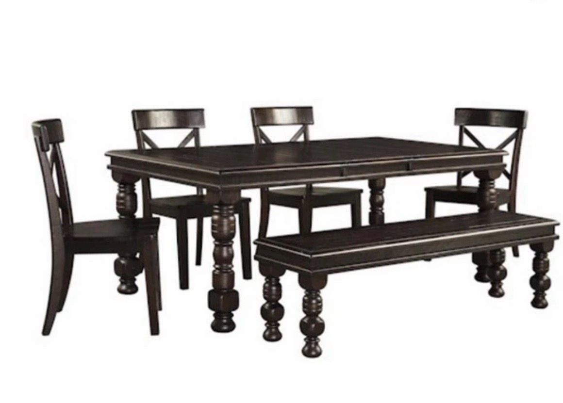 Dark Brown Wood Rectangular Dining Table Set with Bench and 4 Chairs for 6