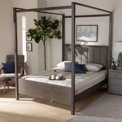 Queen Size Grey Fabric Upholstered and Dark Grey Oak Finished Wood Platform Canopy Bed - New