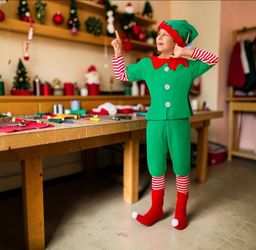 Kids Green Elf Costume with Red Accents, M
