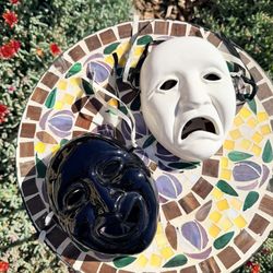 set of two vintage black and white ceramic happy and sad drama masks