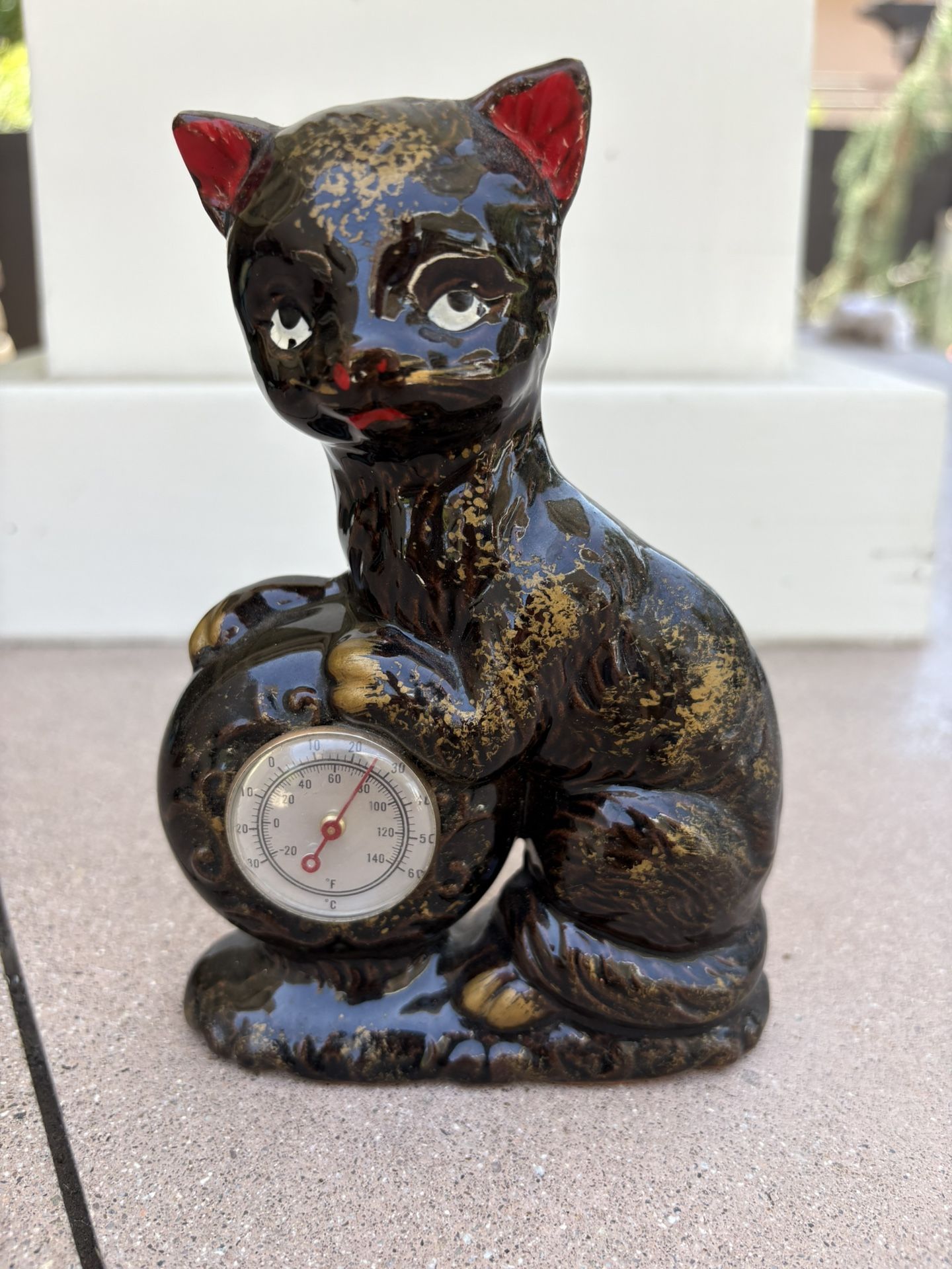 Vintage Black and Gold Ceramic Cat Thermometer