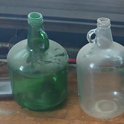 2 Vintage Glass 1 Gallon Jugs With Handles Green N Clear