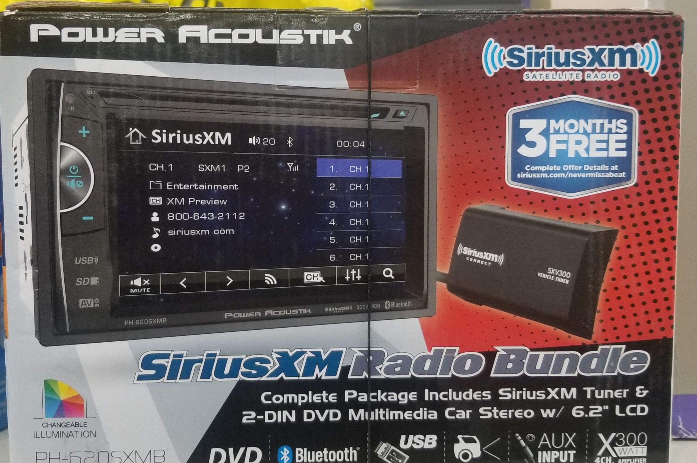 Power Acoustik PH-620 SXMB 6.2"Double -Din in Dash DVD SiriusXM Radio Bundle with 3 months free service