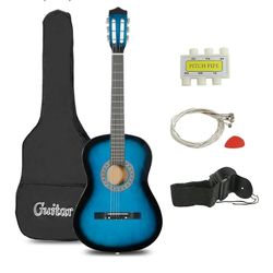 38 inch Acoustic Guitar Full Size Beginners Package Kit for Right-handed Starters Kids Music Lovers w/Case, Strap, Pitch Pipe and Pick (Blue)

