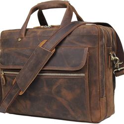 Augus Leather Briefcase for Men Business Travel Messenger Bags 15.6 Inch Laptop Bag

