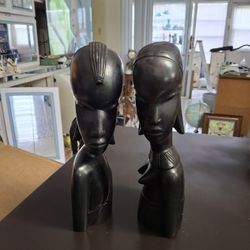 Vintage Set Of 2 African Hand-carved Ebony Wood Sculptured Busts, Tribal Folk Art Reflecting Kenya Or Maasai Origins