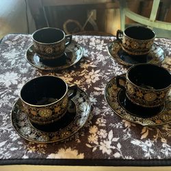 4 Cups With Four Saucers, Gibson And Sons Greek Border Made In England Black Gold Style