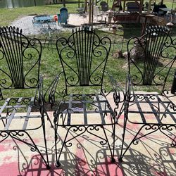 Vintage Neoclassical Style Black Wrought Iron Lyre Harp Garden Chairs - Set of 3 - Rare Find