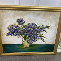 Framed Original Hand-Painted Floral Painting (22.5” x 18.5”) – Gold Frame