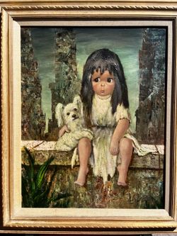 RARE Original Abruzzi Big Eye Oil Painting on Wood Plank – One of a Kind Mid-Century Waif Girl & Dog Landscape