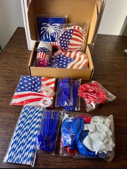 4TH OF JULY Party Supplies 8 Dinner Plates 10in. 8 Dessert Plates 6in, 8 Cups, 8 Straws, 8 Forks, 8 Spoons, 8 Knives, 1 Table Cover 54" x108", 1 Banne