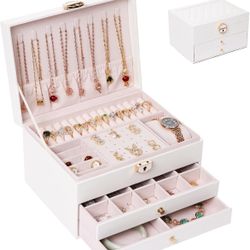 Vintage Jewelry Box Organizer for Ring and Necklace,Large PU Leather Earring Organizer Holder with the drawer for Mother's Day Gift.(White)