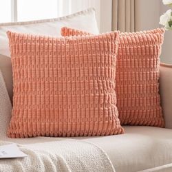 JELLYMONI 2 PCS Coral Decorative Throw Pillow Covers 22x22 Inch, Corduroy Striped Boho Pillows Cover for Living Room Bed Sofa Couch, Spring Farmhouse 