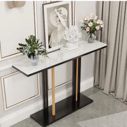 Console Entry Table: Luxurious Console Entryway Table with Sintered Stone with Metal Frame for Foyer Decor, Living Room Sofa Side Table (White