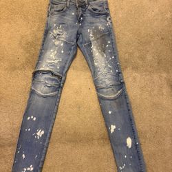 Custom Distressed Blue Jeans – Black & White Paint Design – Size 28