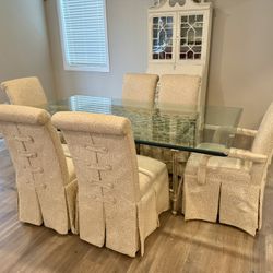 Glass Top Dining Table Set with 6 Upholstered Chairs Iron Base