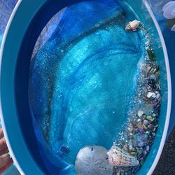 Oval Metal Tray With Ocean Resin Perfect For Outdoor Pool Area 