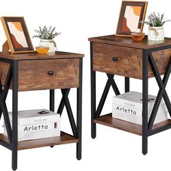 ZENY End Table Set of 2, Side Table with Drawer, X-Design Versatile Small Table for Living Room, Bed
