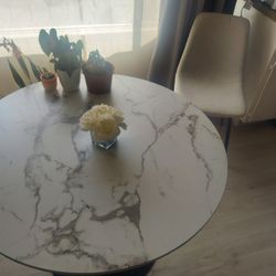 White Faux Marble Round Table for 4  + Four Chairs