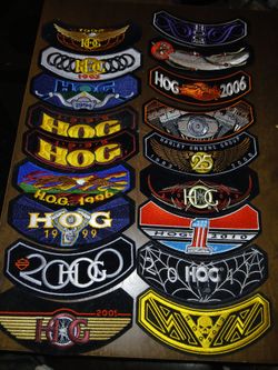 Lot of 16 Vintage Harley Davidson HOG Patch Rockers 1 25th Anniversary #1All patches are in great condition with crisp detailing. Ideal for bi