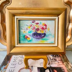 Original 4x6 Vintage Art on Canvas in Vintage Gold and Ivory Frame w/ Gold Stand