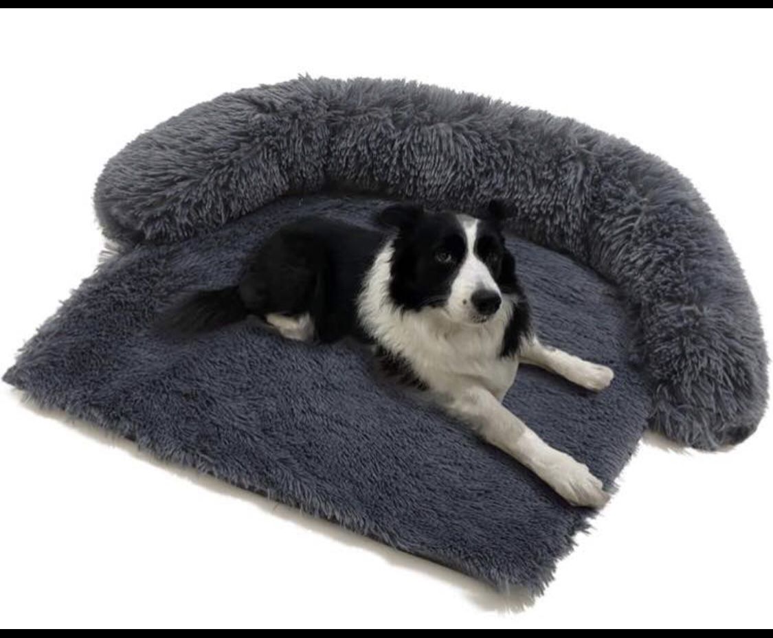 Calming Dog Bed Plush Dog Mat Dog Sofa, Pet Couch Protector for Dog, Pet Furniture Cover with Memory Foam Neck Bolster, Machine Washable