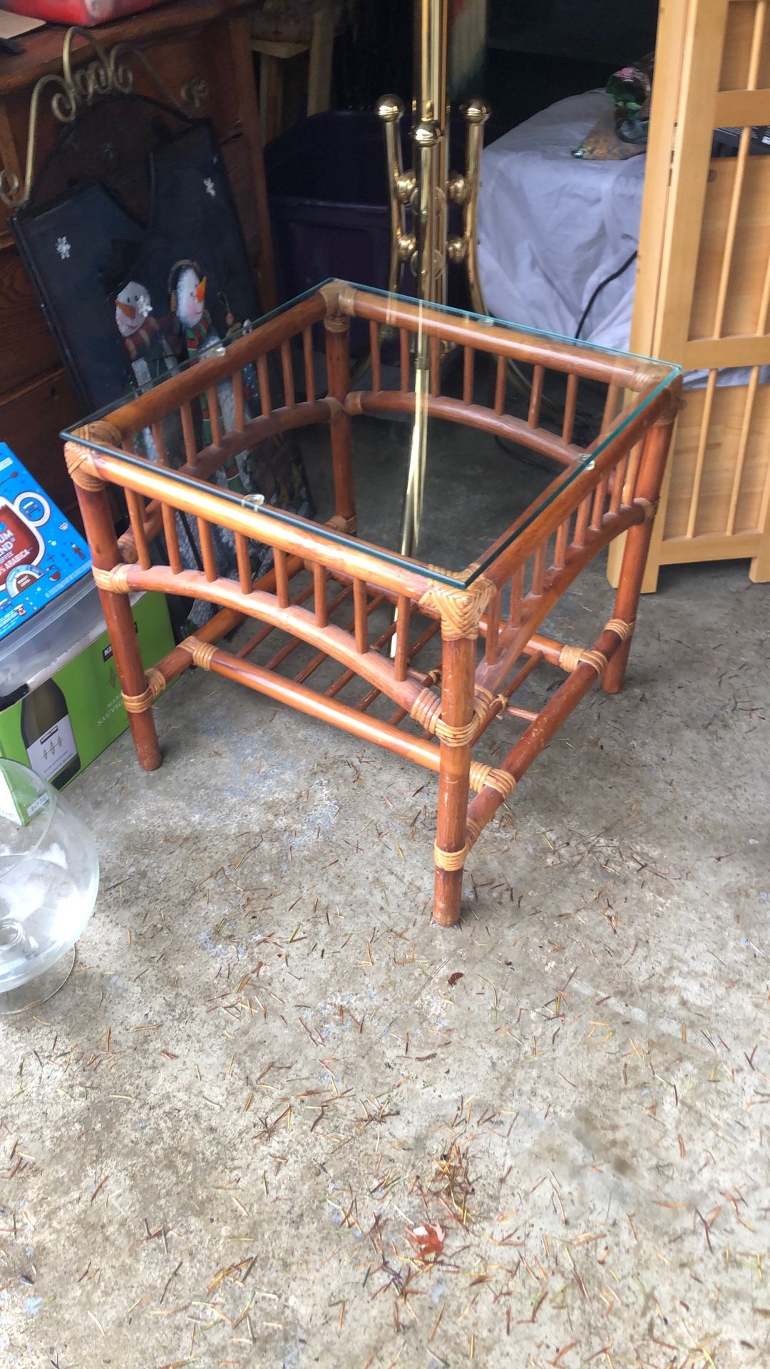Mid century end table bamboo rattan glass