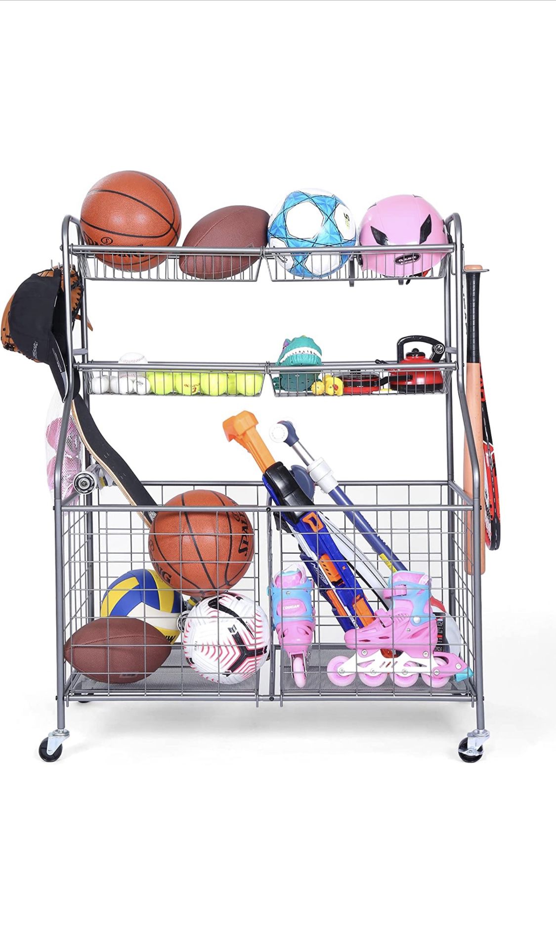 Garage Sports Equipment Storage Organizer with Baskets and Hooks - Easy to Assemble - Sports Ball Gear Rack Holds Basketballs, Baseball Bats, Football
