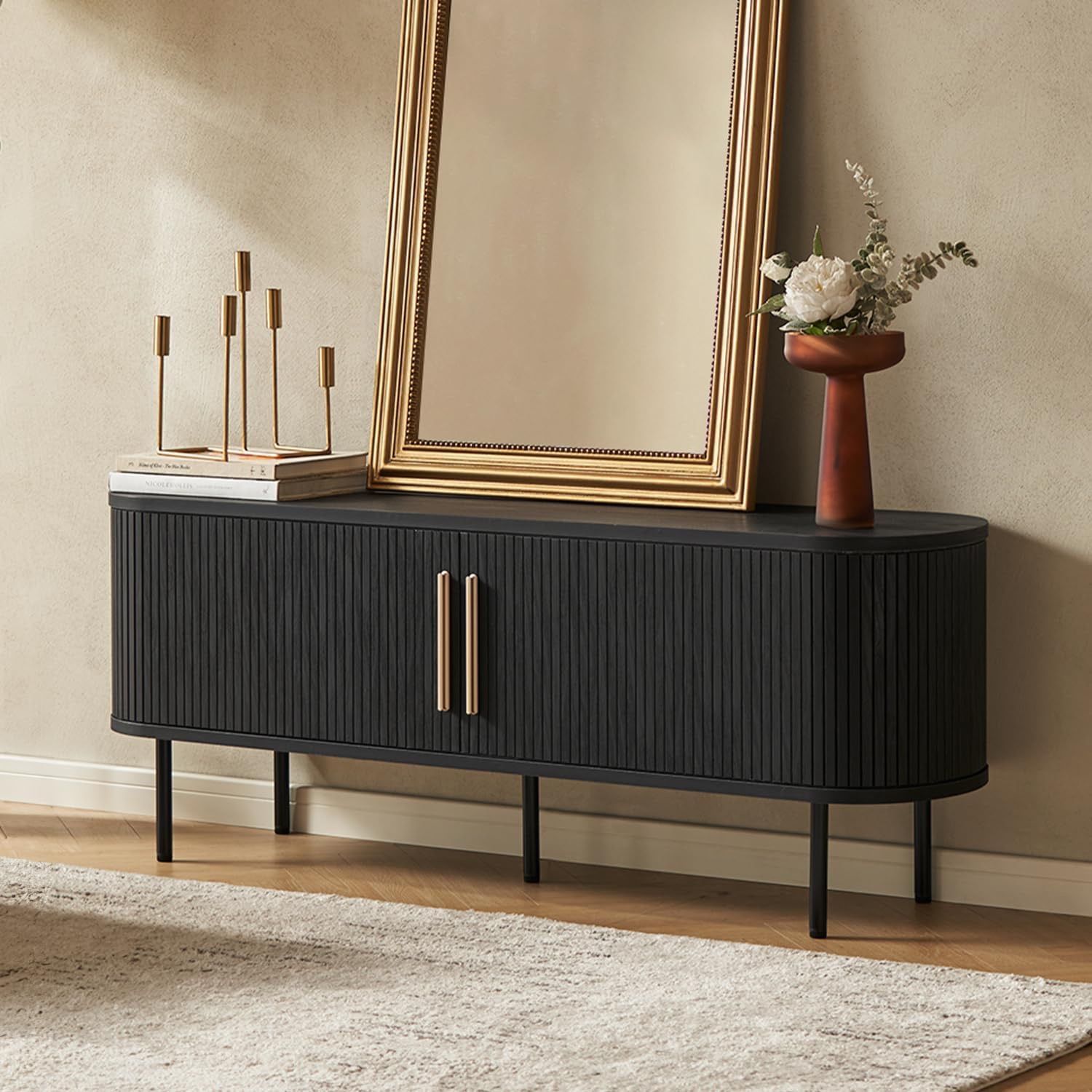 mopio Quin 59" Tambour TV Stand, Mid-Century Modern Television Stand for 55/60/65 inch TV, Fluted Entertainment Center with Bigger Storage, Wood Media