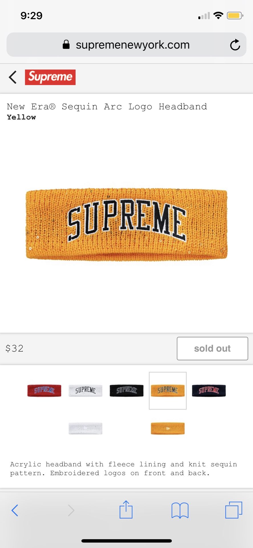 SUPREME SEQUIN ARC LOGO HEADBAND YELLOW FW18