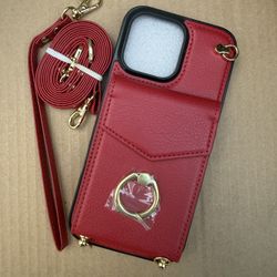 Red iPhone 16 Promax Wallet Case With Body cross Strap 