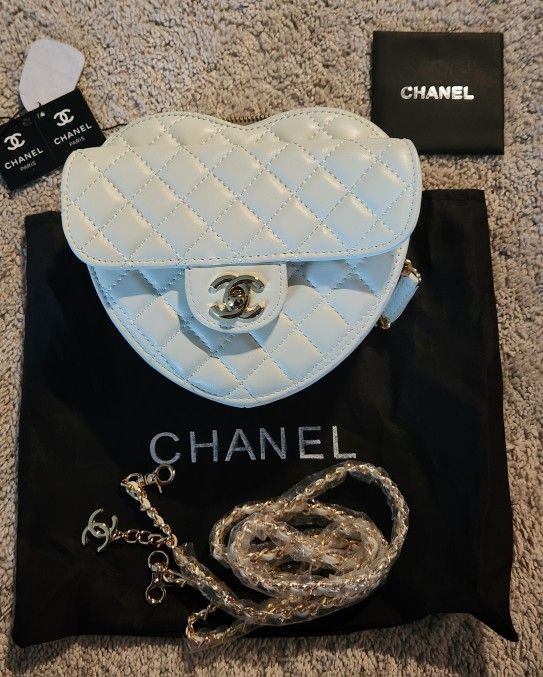 White Chanel Heart With Gold Hardware 