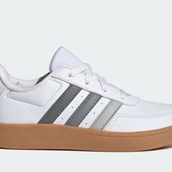 ADIDAS BREAKNET 2.0 K Tennis Shoes IH8878 White/Silver/Gum Sz 4m . W Sz 5.5
